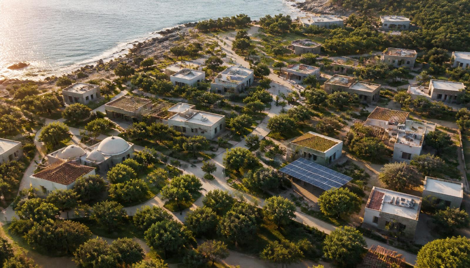Aerial concept of a walkable, resilient community layout
